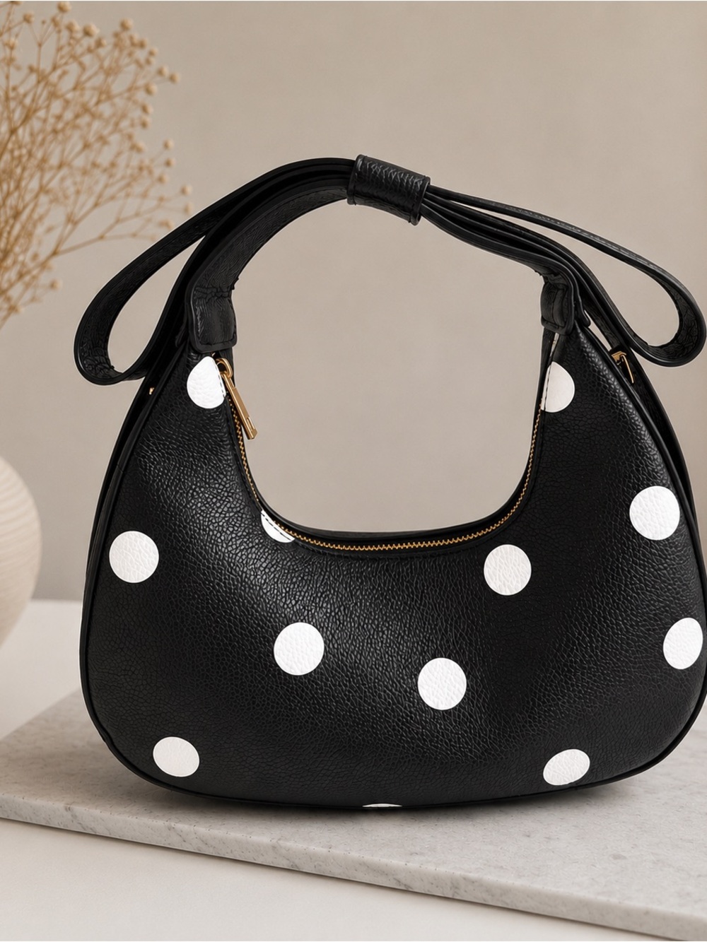 Black & White Polka Dot Hobo Shoulder Bag – New